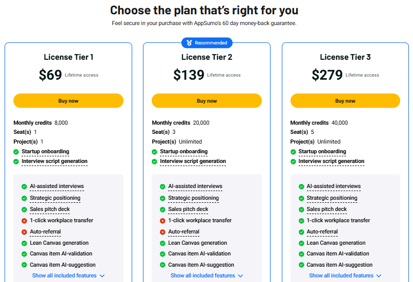 Icanpreneur Review: Icanpreneur AppSumo Lifetime Deal pricing tiers.