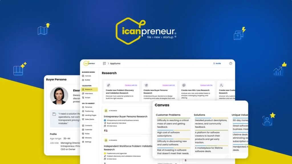 Icanpreneur Review: Icanpreneur AI co-founder platform dashboard showing validation and research tools.