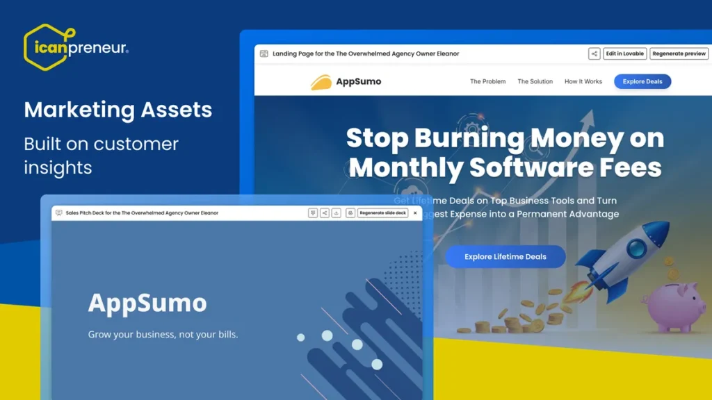 Icanpreneur Review: Marketing assets and landing page preview generated by Icanpreneur.