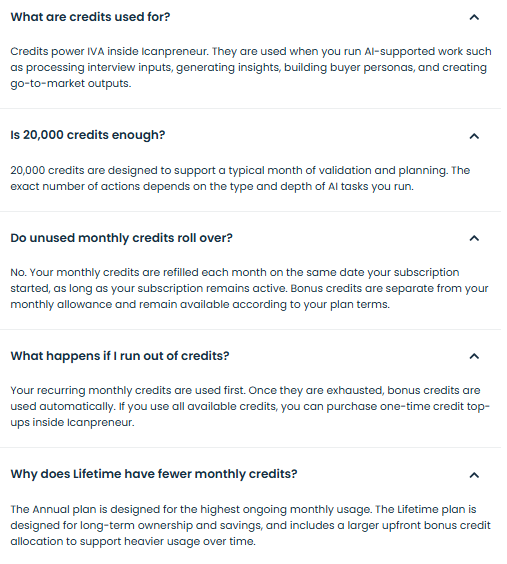 Icanpreneur Review: Icanpreneur FAQ explaining credit limits and rollover policies.