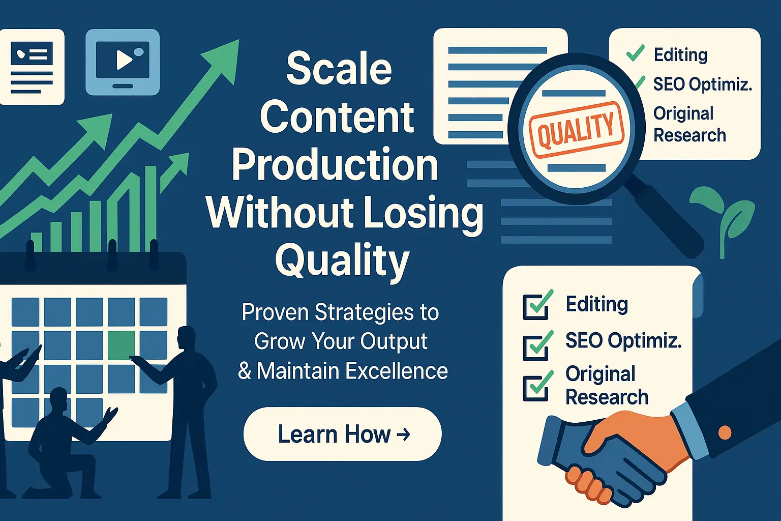 Strategies to scale content production while maintaining quality: workflow, SEO, and team collaboration.
