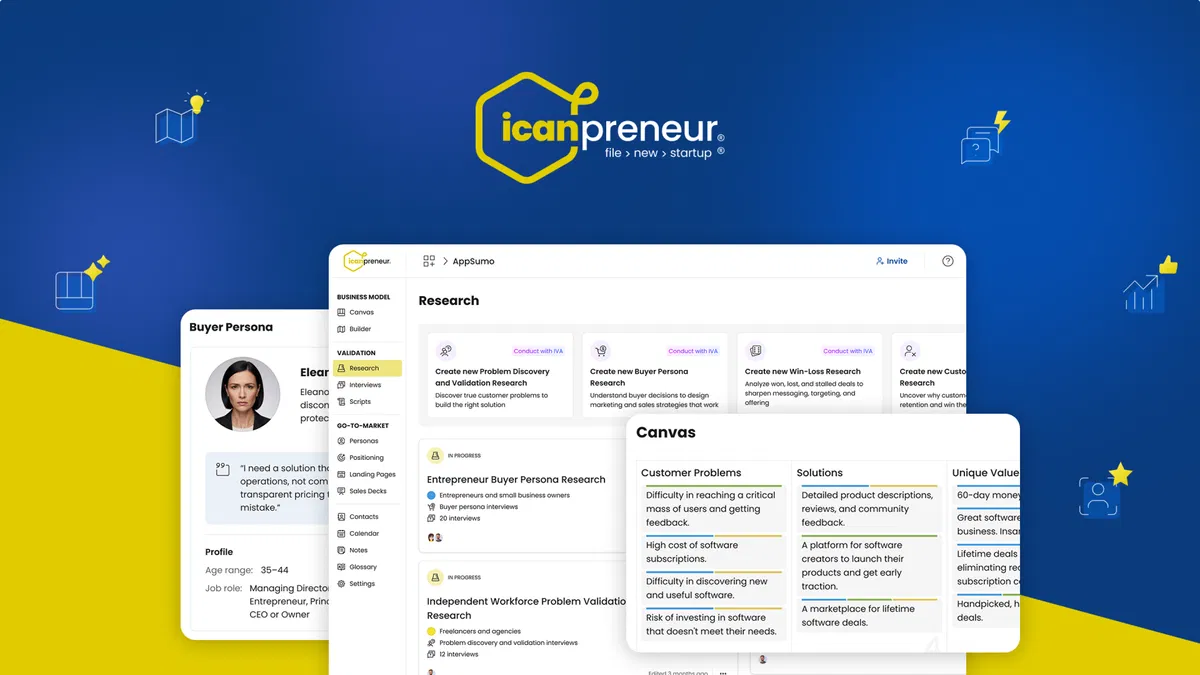 Icanpreneur AI co-founder platform dashboard showing validation and research tools.